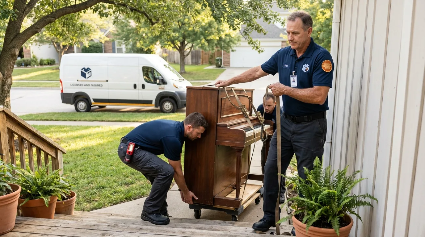 Licensed piano movers securing grand piano in Dresden, TN