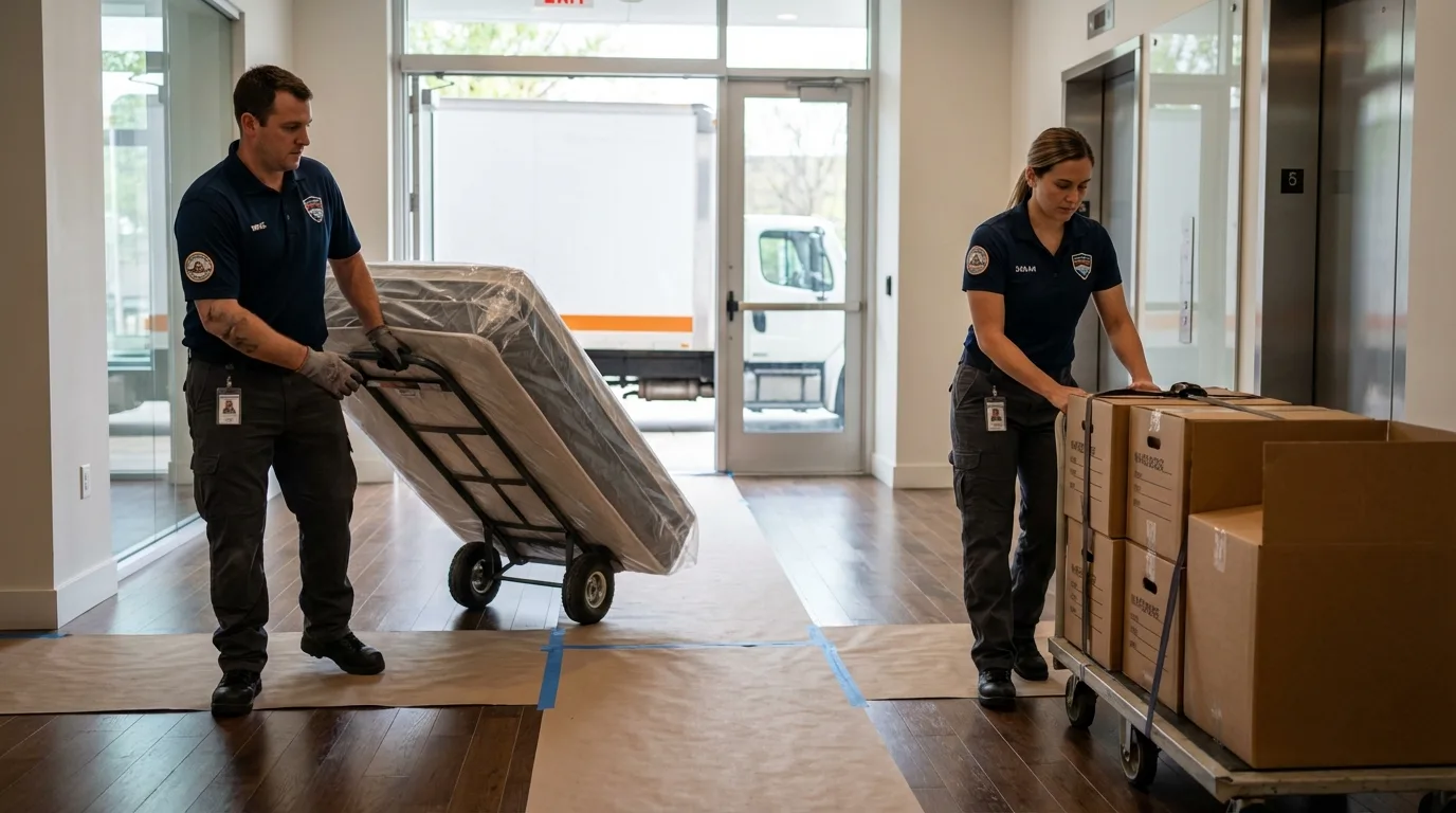Professional apartment movers loading elevator in Dresden, TN